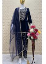 Velvet Blue Eid Wear Embroidery Work Readymade Salwar Suit